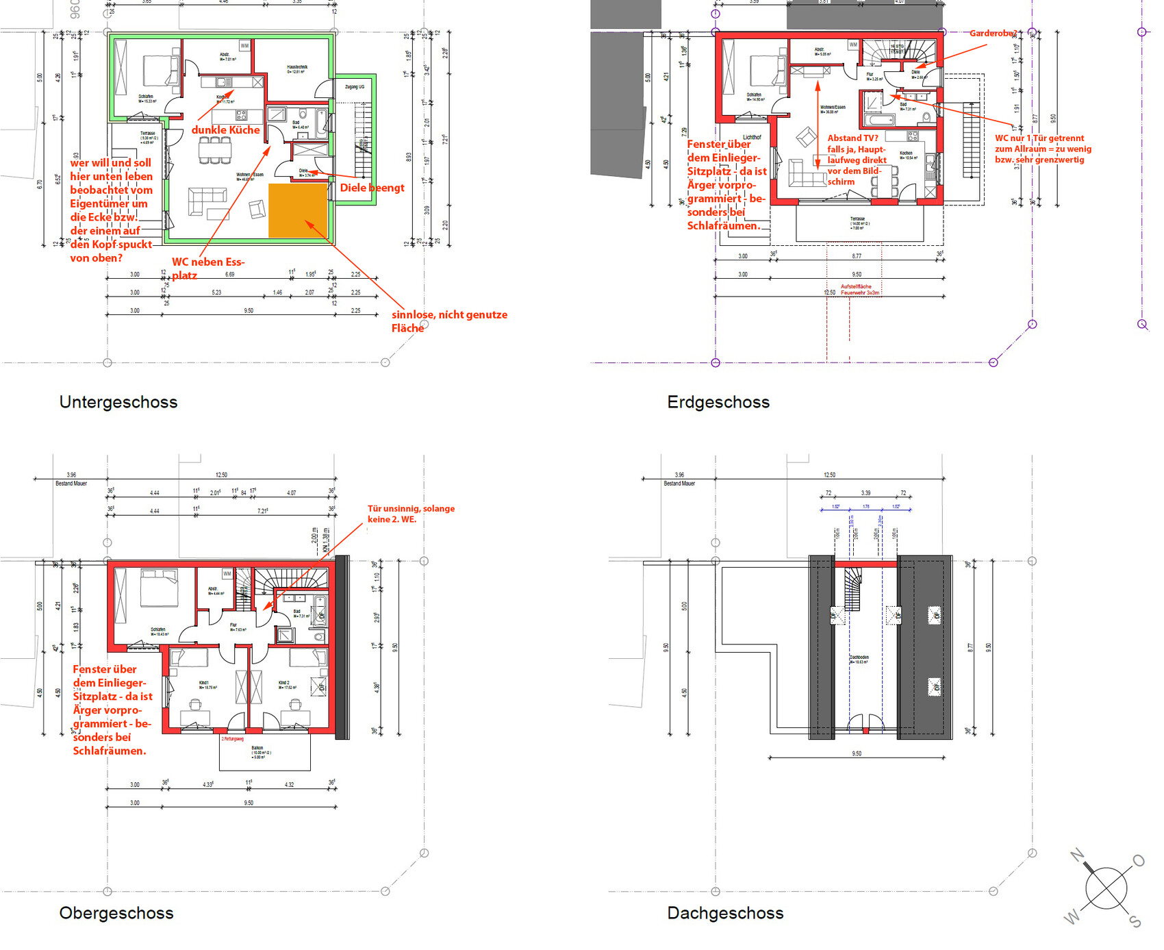 Four floor plans of a house: basement, ground floor, upper floor, and attic with colored markings.