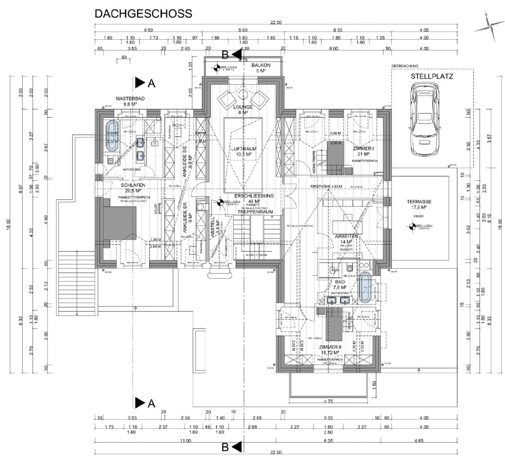Dachgeschoss-Grundriss: Schlafzimmer, Bad, Ankleidezimmer, Lounge, Balkon, Terrasse, Stellplatz