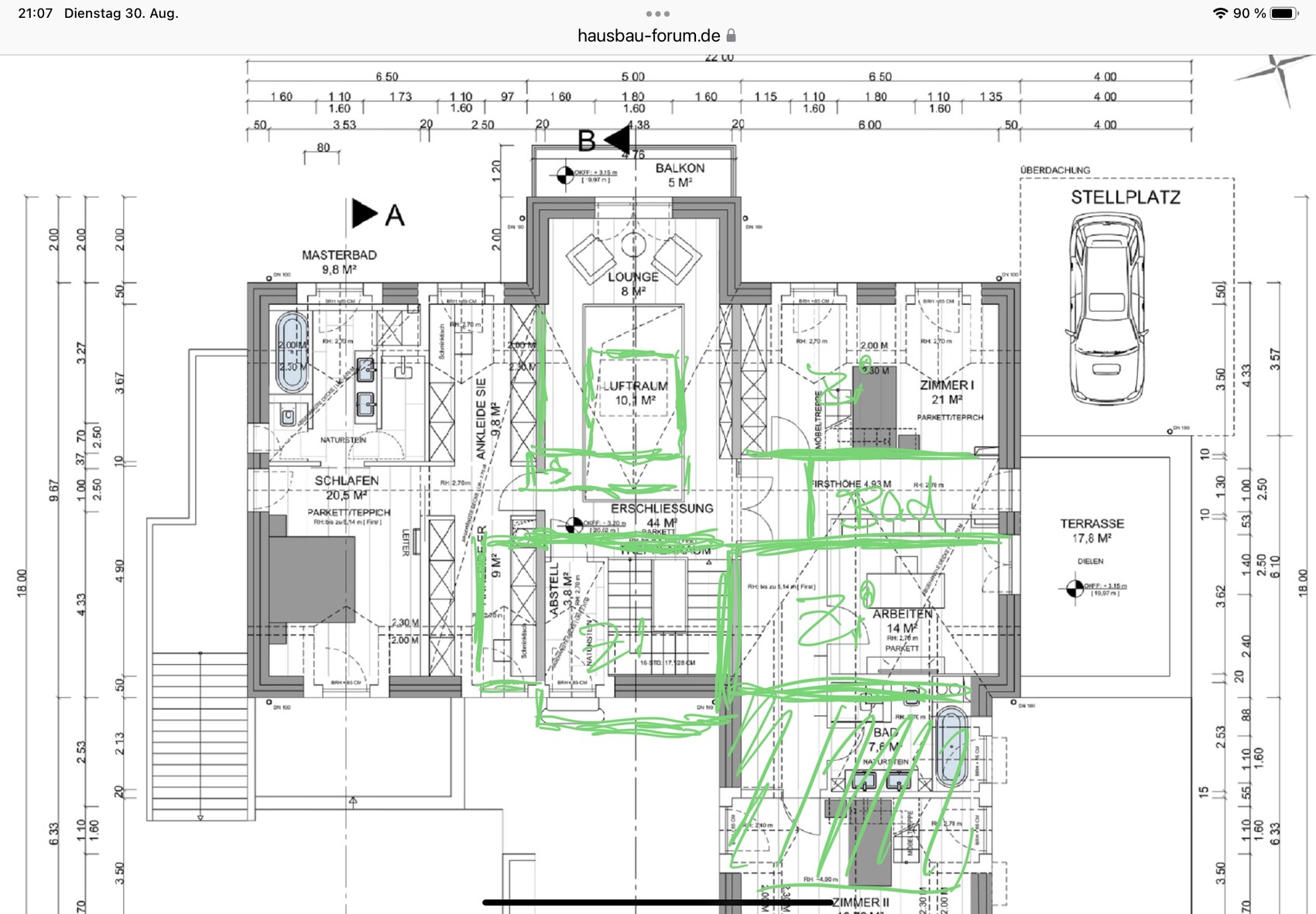 Floor plan of a house with bedroom, master bath, dressing room, lounge, terrace, parking space.