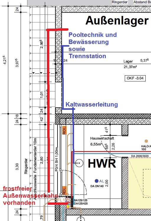Technical floor plan: Outdoor storage, utility room, cold water line, pool equipment; frost-free outdoor faucet.