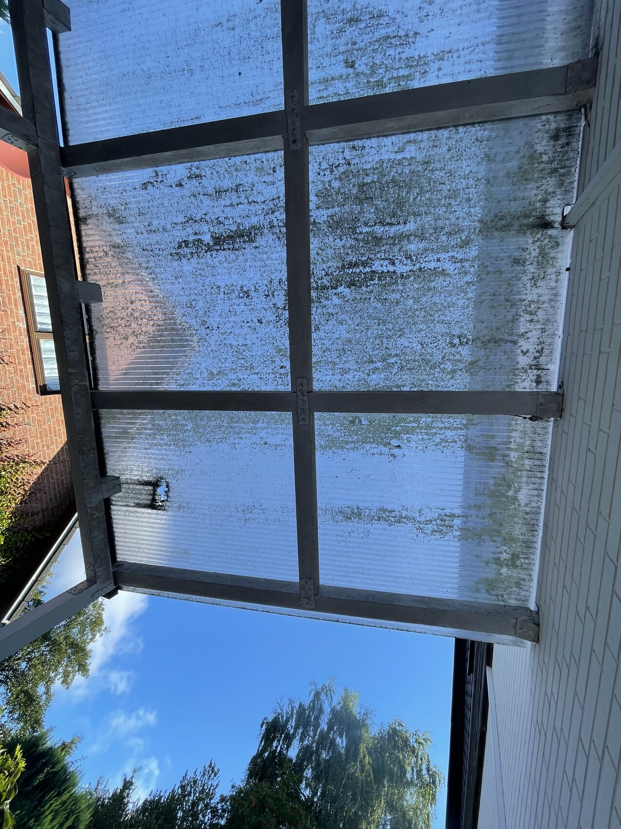 Gläserne Überdachung aus Plexiglas mit Metallrahmen, Blick auf Himmel und Bäume