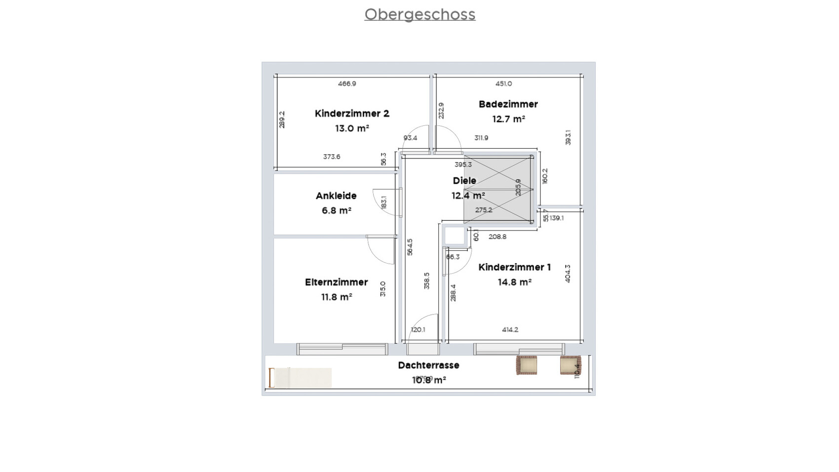 Obergeschoss-Grundriss mit Elternzimmer, Kinderzimmer, Diele, Bad, Ankleide, Dachterrasse.
