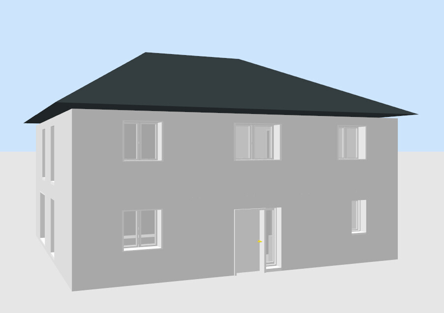Two-story gray house with dark gable roof, many windows, and central door.