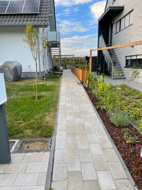 Paved path between modern houses; lawn on the left, garden with plants on the right.
