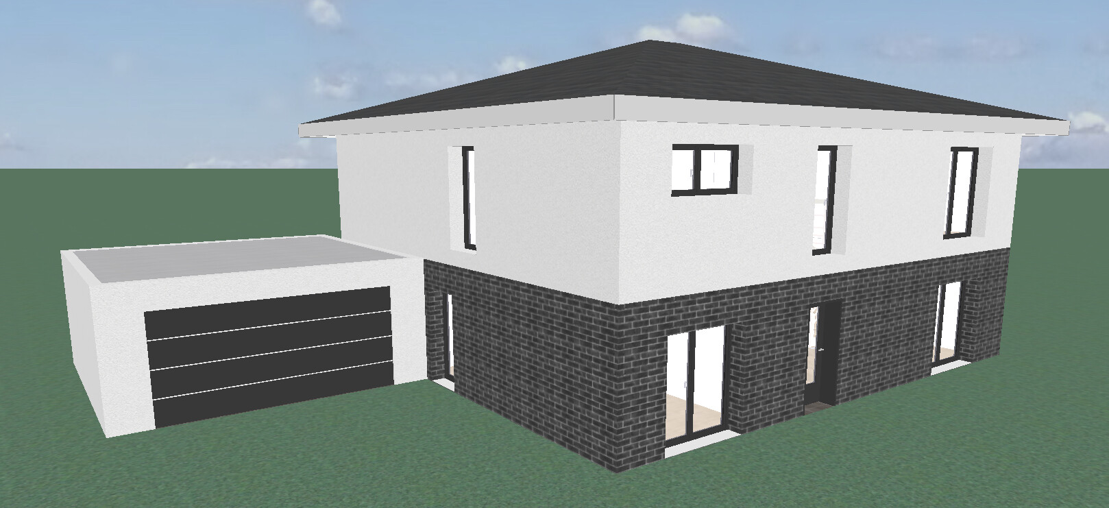 Modern two-story house with dark brick base, white upper floor, and garage on the left.