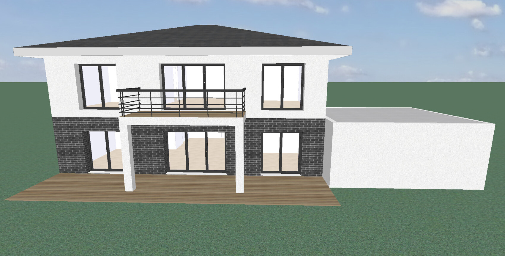 Modern two-level villa with wooden deck, balcony, and large glass facades.