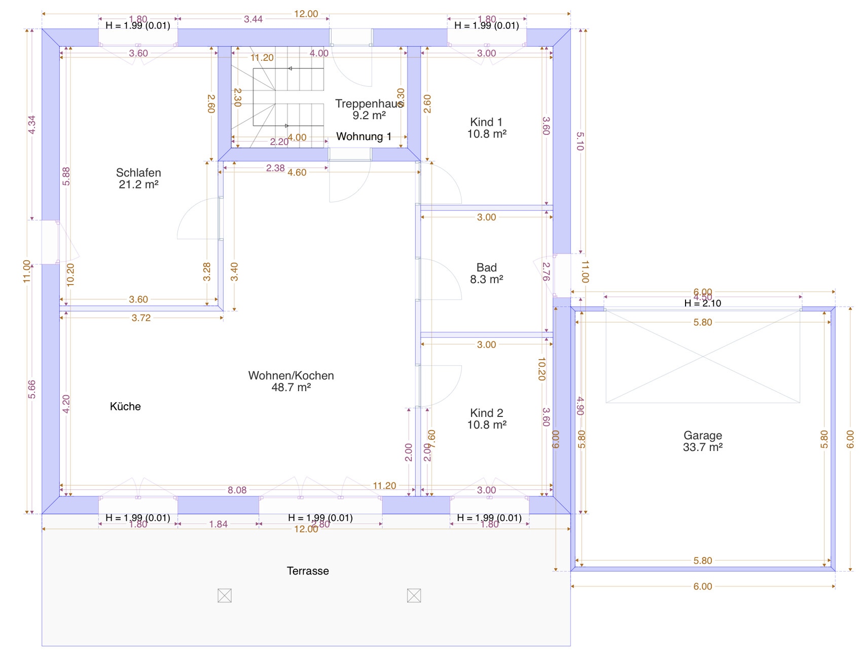 Floor plan of a house with bedroom, living/kitchen area, bathroom, children’s room, kitchen, terrace, garage.