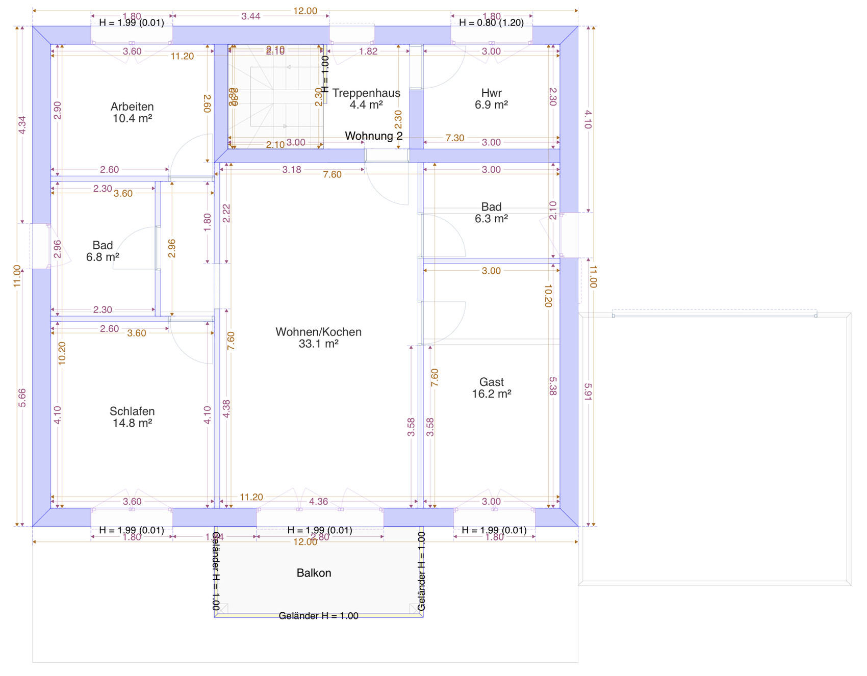 Floor plan of an apartment: living/kitchen area, sleeping area, bathroom, guest area, balcony, stairwell.