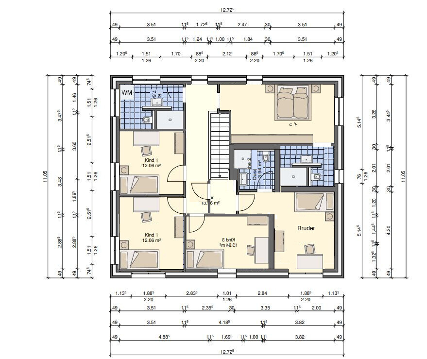 Floor plan of an upper floor with several bedrooms, bathroom, hallway, and staircase.