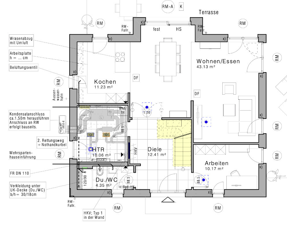 Floor plan of a house: kitchen, living/dining, hallway, office, shower/WC, terrace.