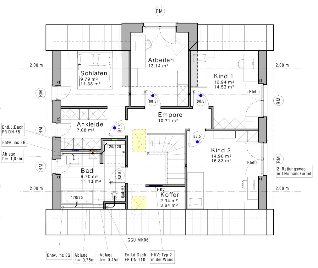 Floor plan of the upper floor with bedroom, walk-in closet, bathroom, gallery, office, and two children’s rooms.