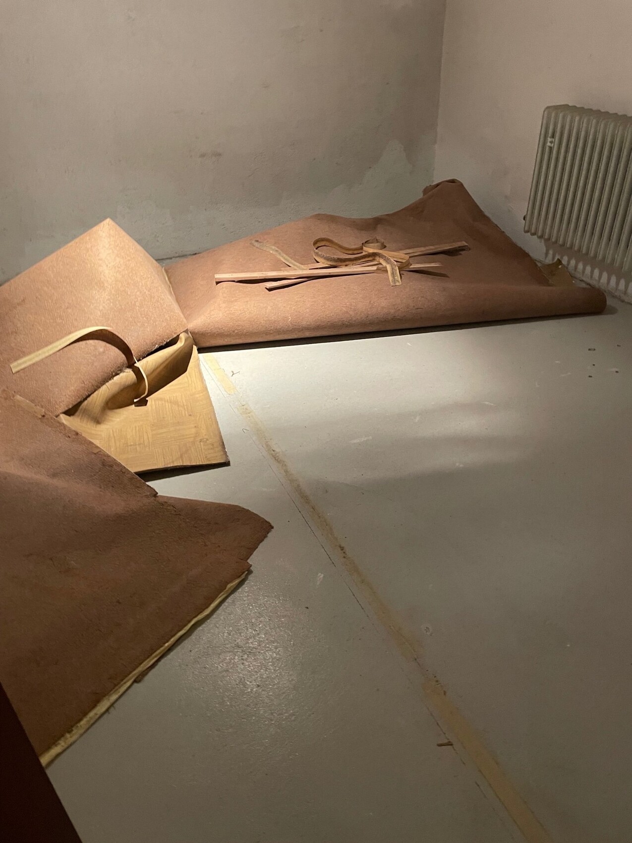 Brown felt or carpet remnant lying on the floor next to a radiator in an empty room.