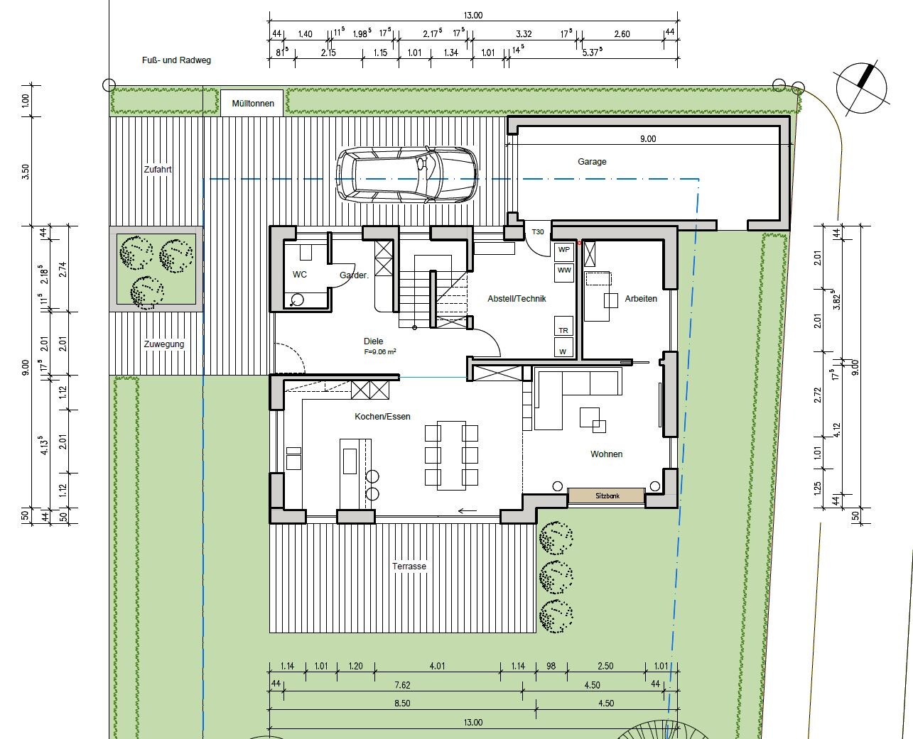 Grundrissplan eines Einfamilienhauses mit Garage, Terrasse und Wohnbereich