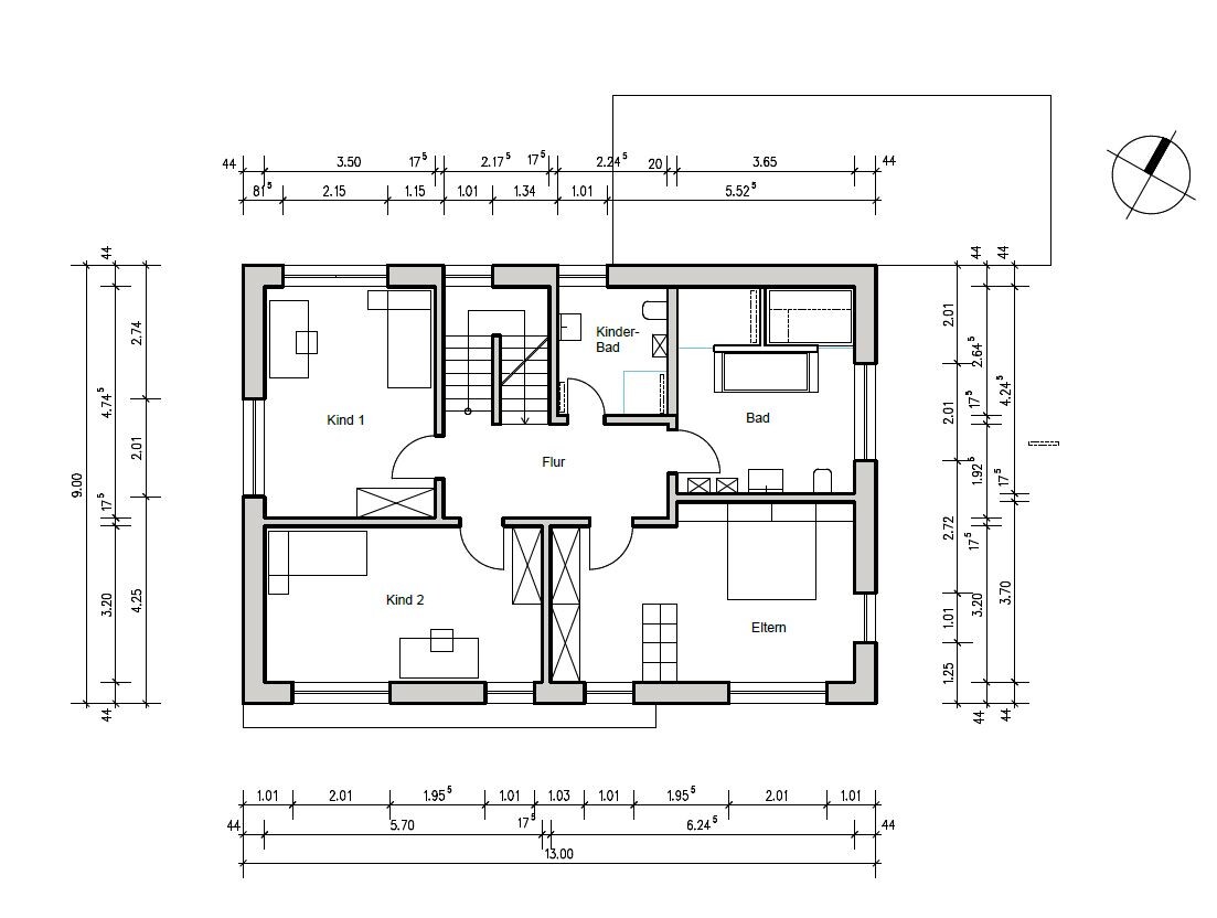 Grundriss eines Hauses: Flur, Eltern, zwei Kinderzimmer, Bad, Kinderbad, Treppe