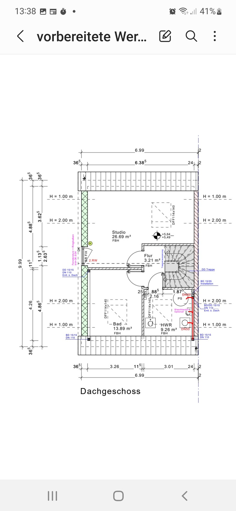 Attic floor plan: studio, bathroom, hallway, stairs, with dimensions and room layout.