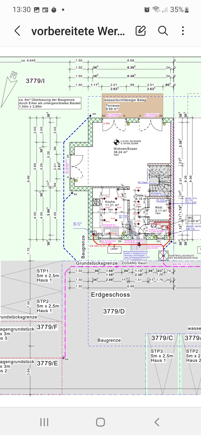 House floor plan: living/dining area, kitchen, terrace, building boundary.