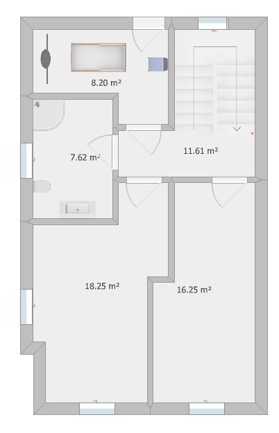 Floor plan of a house with stairs and five rooms; sizes: 8.20; 7.62; 11.61; 18.25; 16.25 sqm.