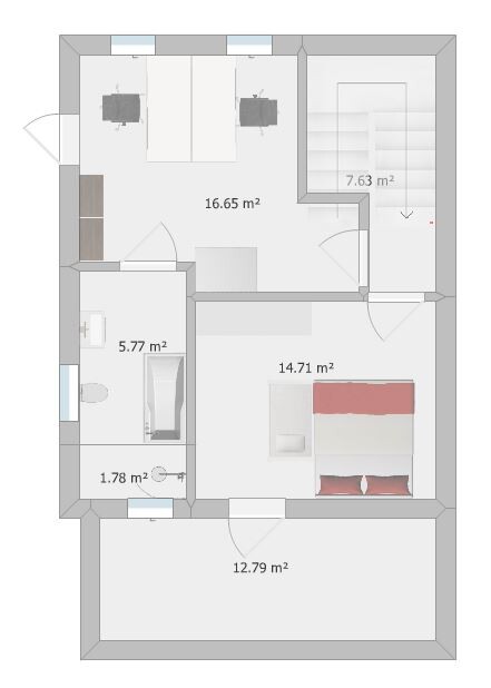 Floor plan of an apartment: living room with dining table, bedroom, bathroom and balcony (terrace).