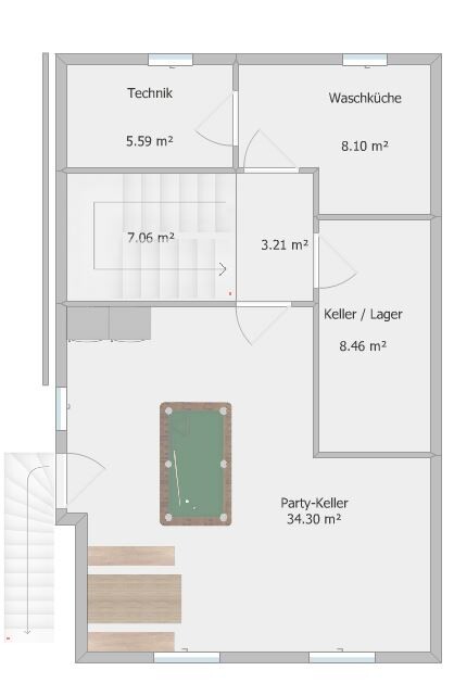Basement floor plan: technical room, laundry, cellar/storage, party room; billiard table.