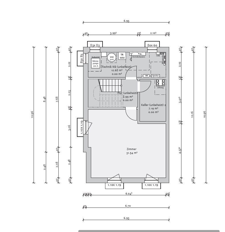 Floor plan of a basement with utility room, hallway, cellar, and room.