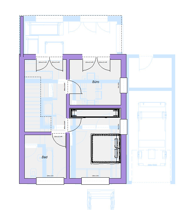 2D floor plan of a house with office, bathroom, and stairs, purple walls