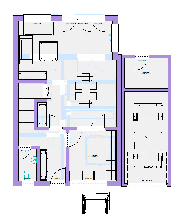 Floor plan of a house: living room, dining area, kitchen, bathroom, storage room, and garage.
