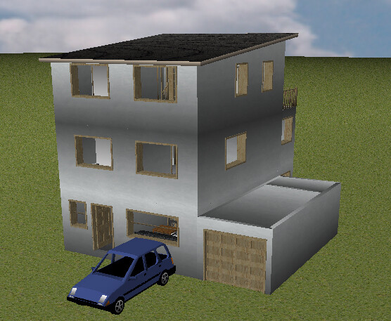 Multi-story gray house with flat roof, garage, and blue car in front.