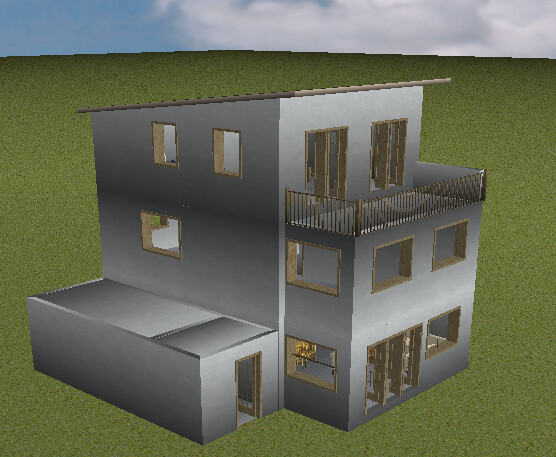 Modern two-story house with balcony, many windows, and attached garage on a green area