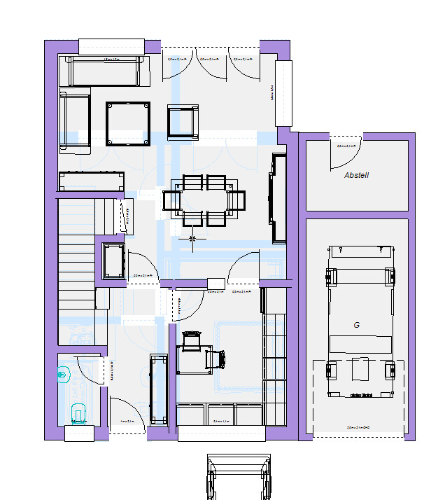 Floor plan of a house: living room, dining area, kitchen, bathroom, bedroom, storage room, garage.