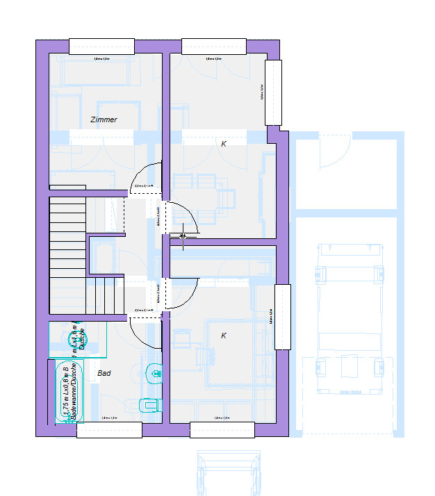 Floor plan of a house with two rooms, two kitchens, bathroom, stairwell, and garage with car.