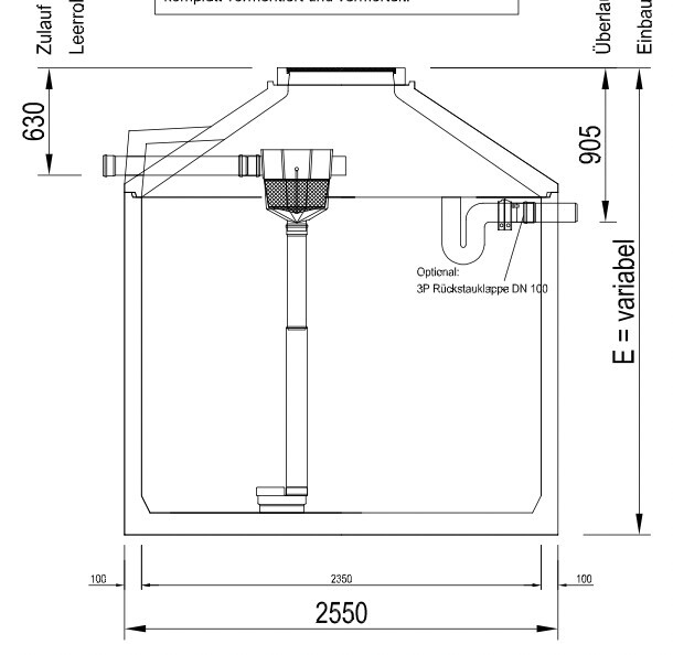 Technical drawing of a tank with roof, internal pipe, inlet and outlet.