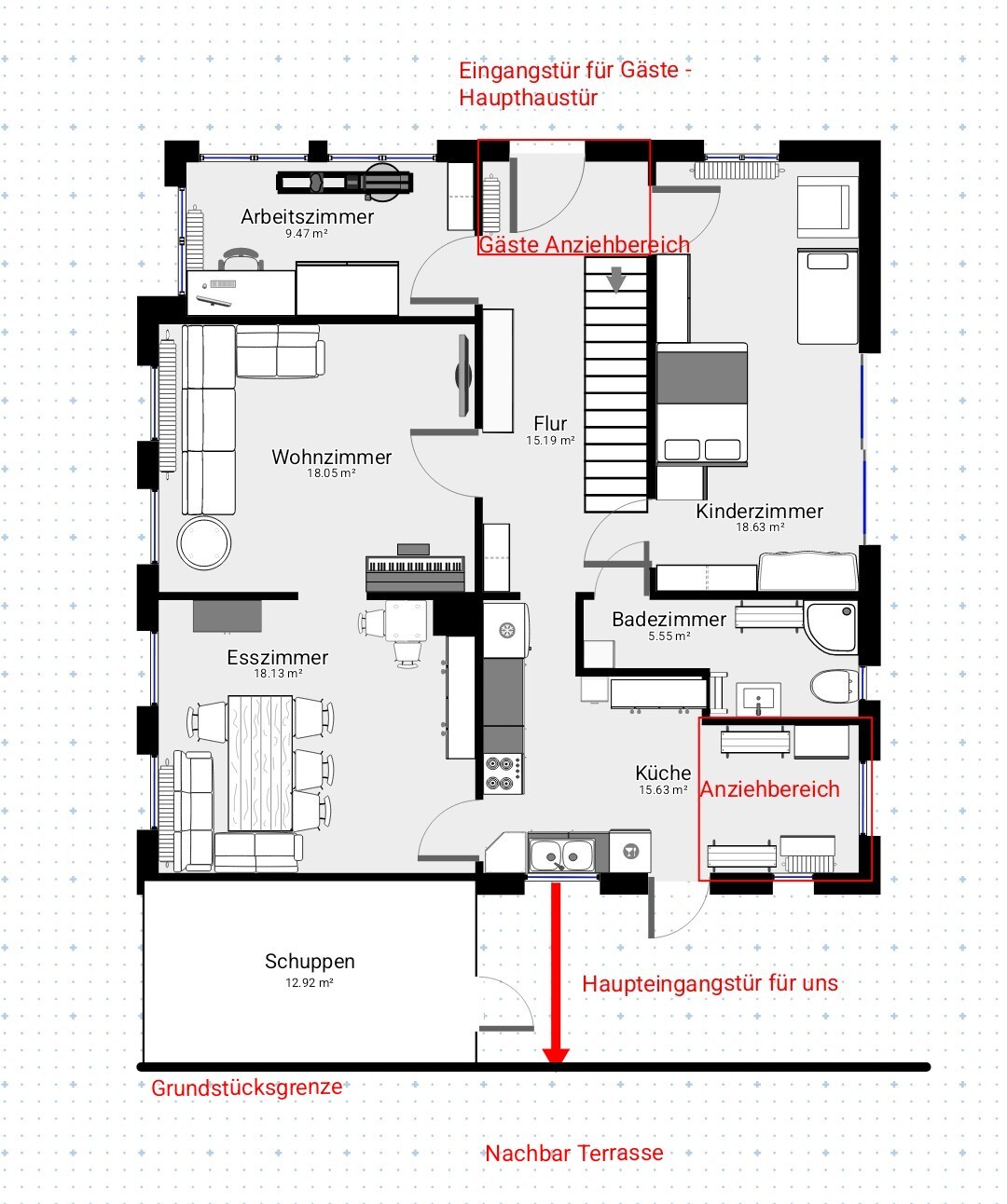 Grundriss eines Hauses mit Wohnzimmer, Esszimmer, Küche, Bad, Kinderzimmer, Flur.