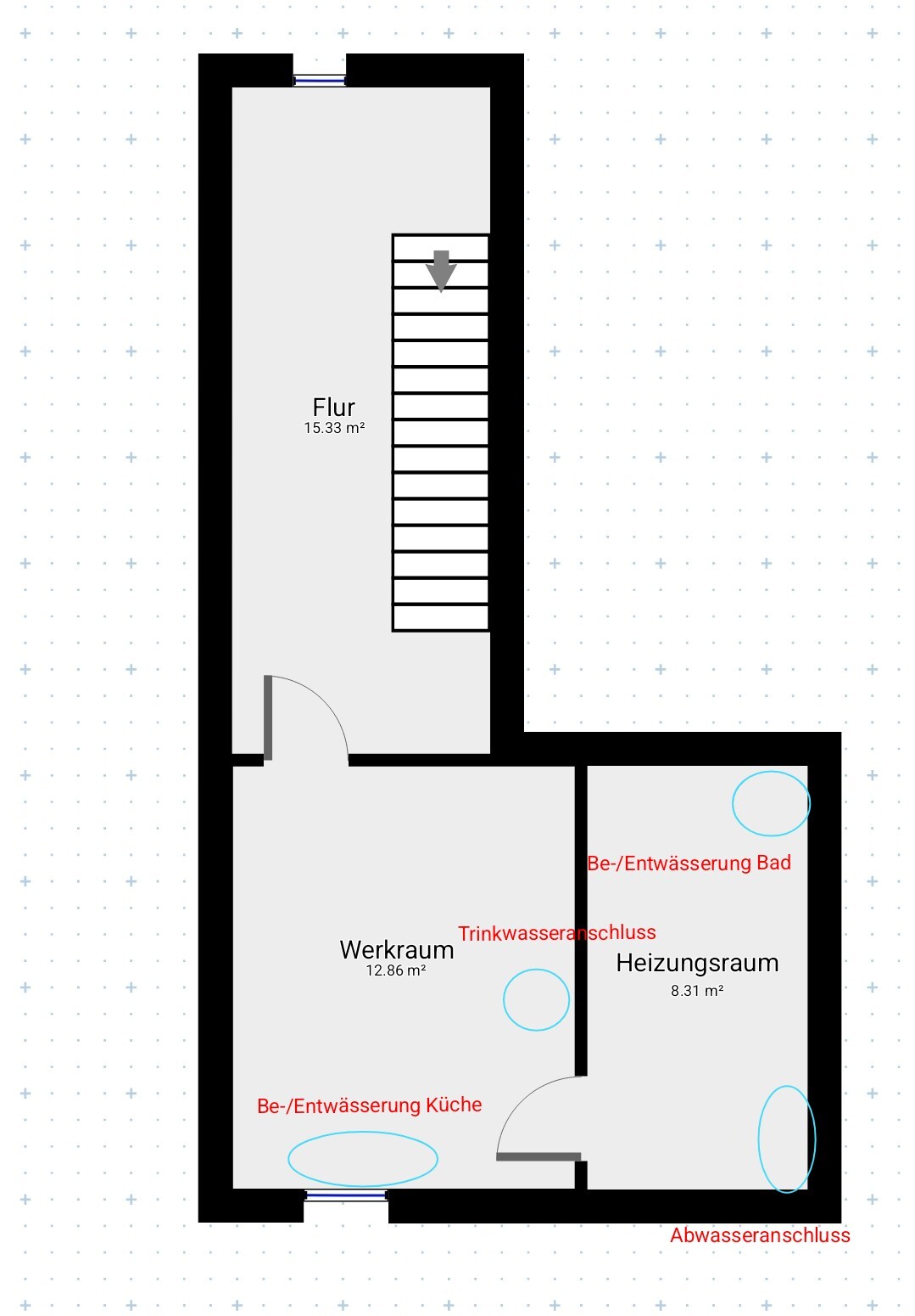 Floor plan: hallway with stairs, workshop, boiler room, kitchen with wastewater connection.