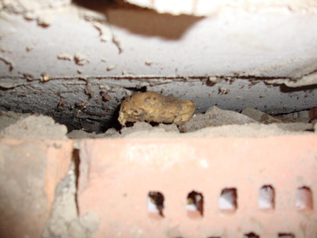 Close-up of a gap in a brick wall with debris and dust