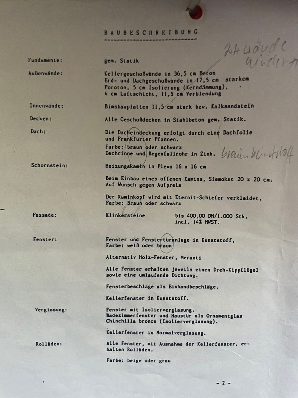 Baubeschreibung: Seite mit Gliederung von Fundamenten, Wänden, Decken, Dach und Fenster.