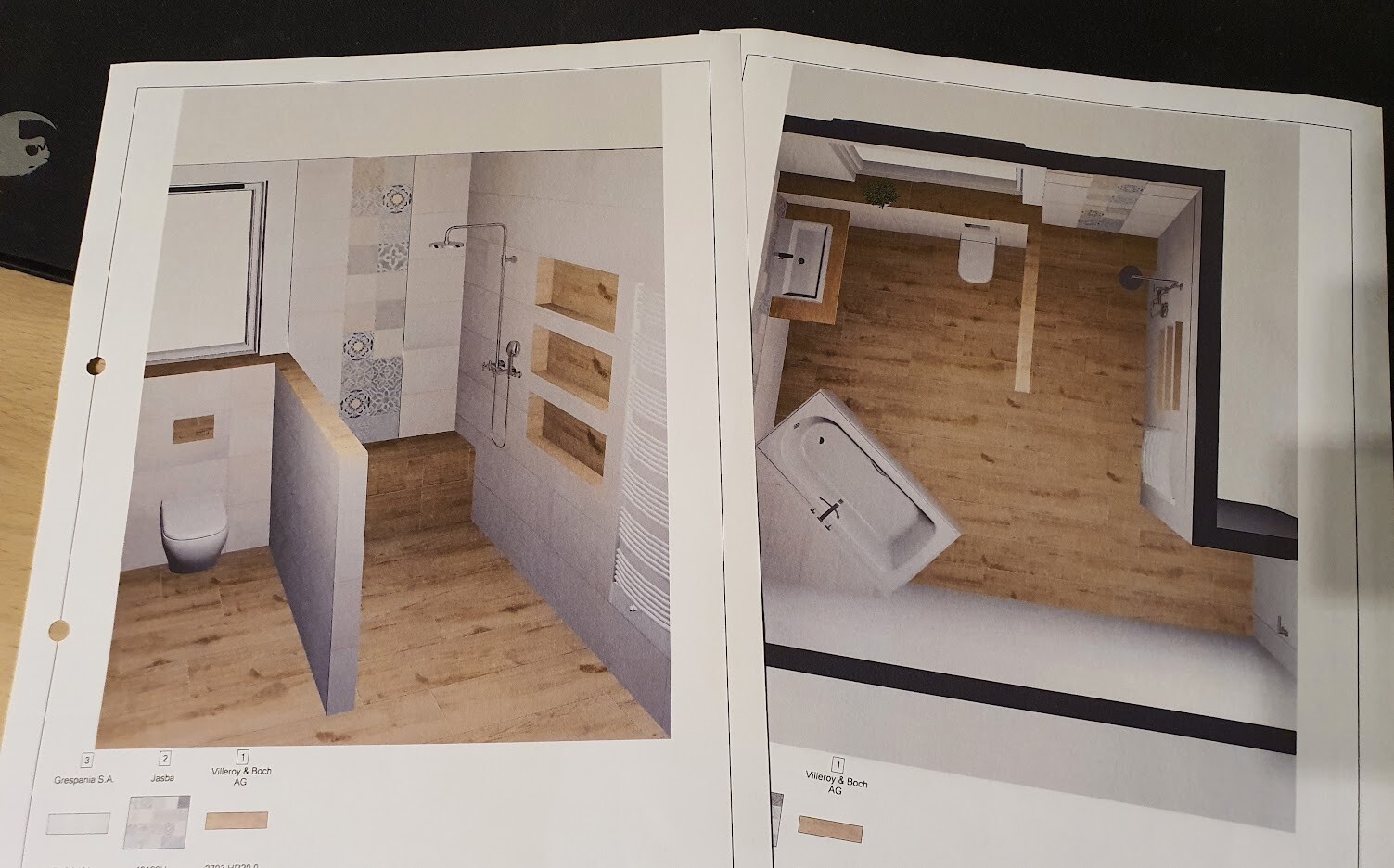 Two sides of a bathroom plan: left bathroom with shower, right with bathtub, wooden floor.