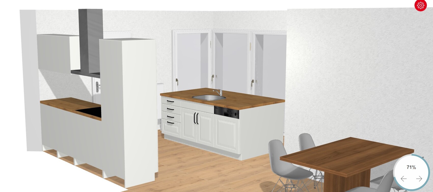 3D kitchen with island, sink, base cabinets, and wooden dining table with chairs