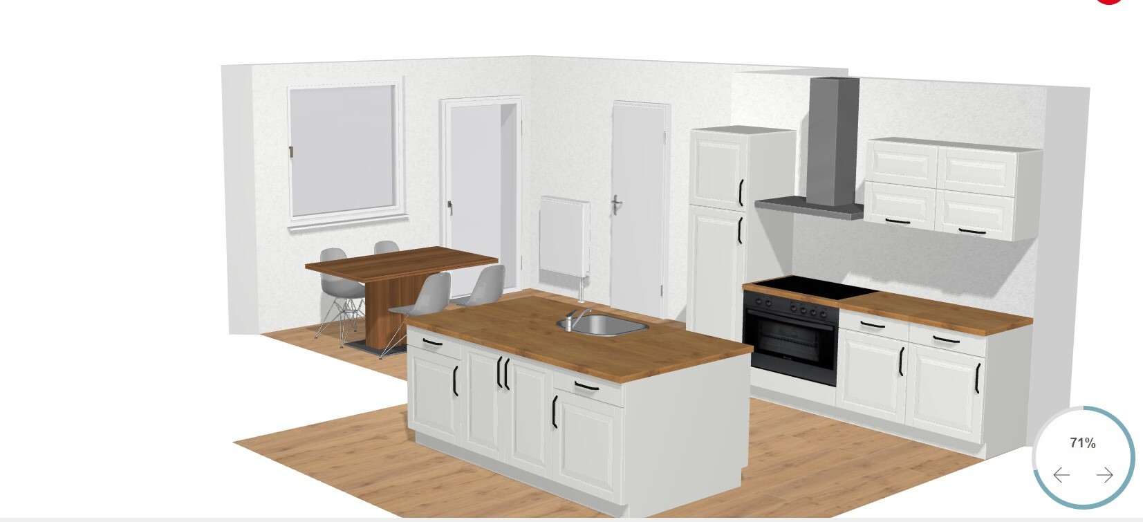 Kitchen with island, sink, stove, range hood, white cabinets, and dining table in the background.