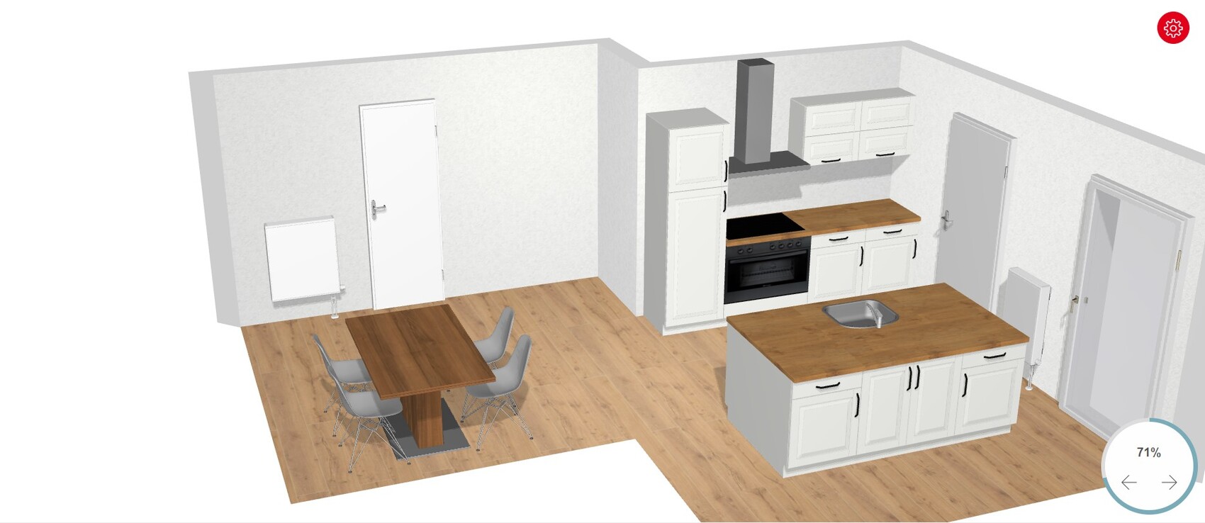 Kitchen with white cabinets, wooden countertops, island with sink, dining table and chairs.