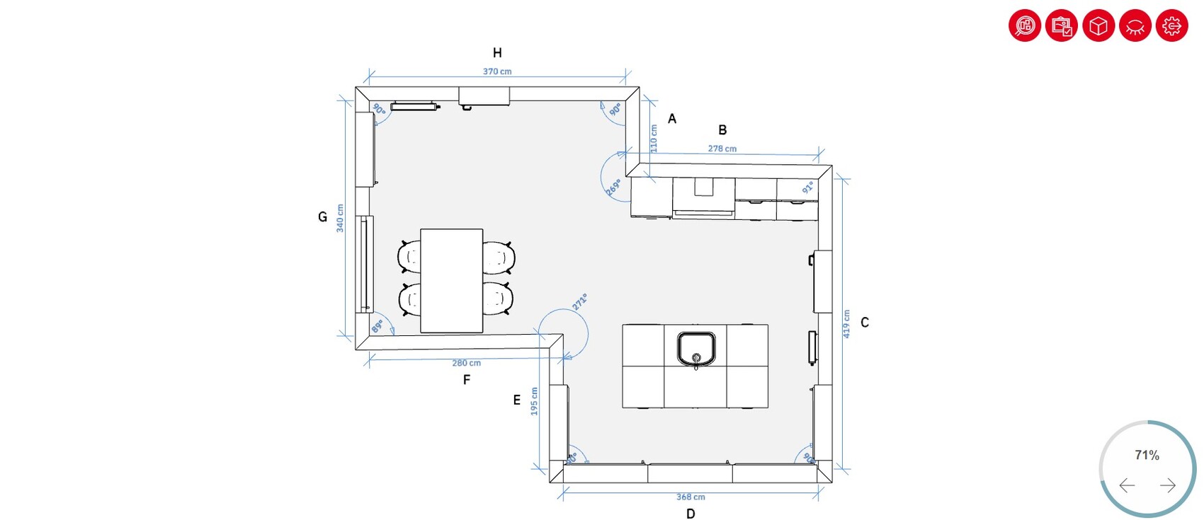 Kitchen floor plan with dining table (6 chairs) on the left, island with sink on right, surrounding cabinets.