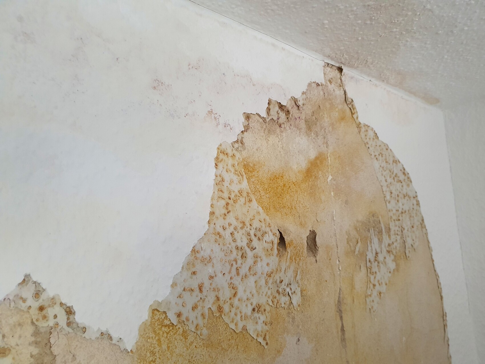 Wall with flaking plaster, yellow-brown stains and irregular rough surface.