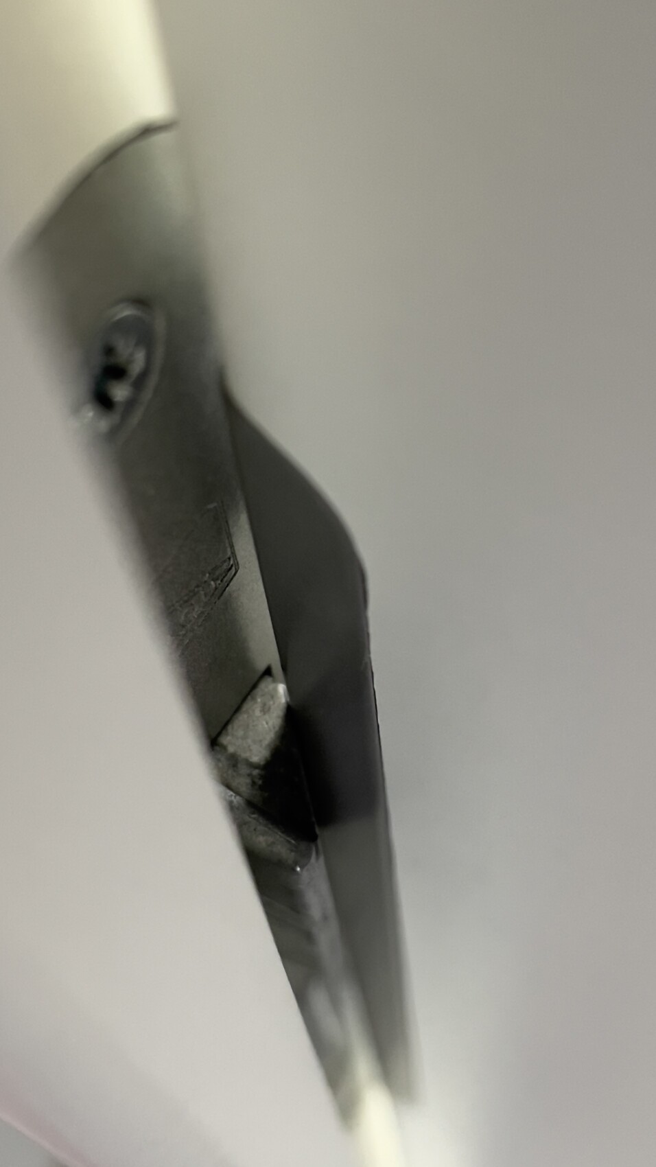 Close-up of a dark metal edge with a screw head, taken from the side.