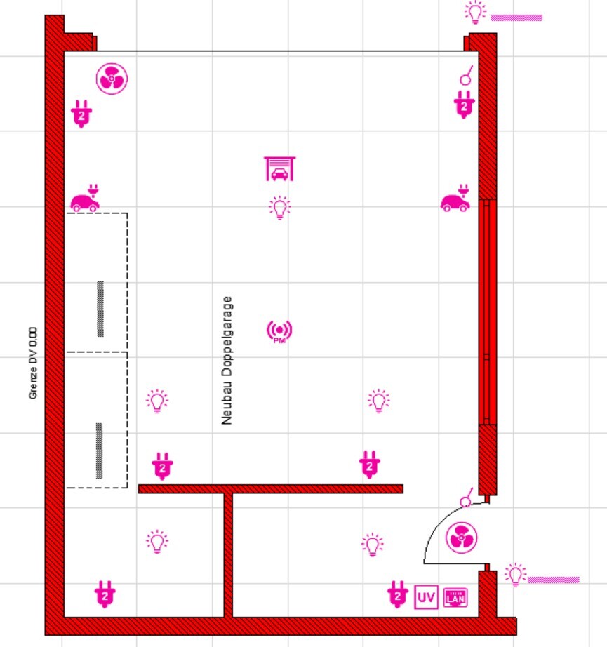 Floor plan of a newly built double garage: red exterior walls, car symbols, lights.