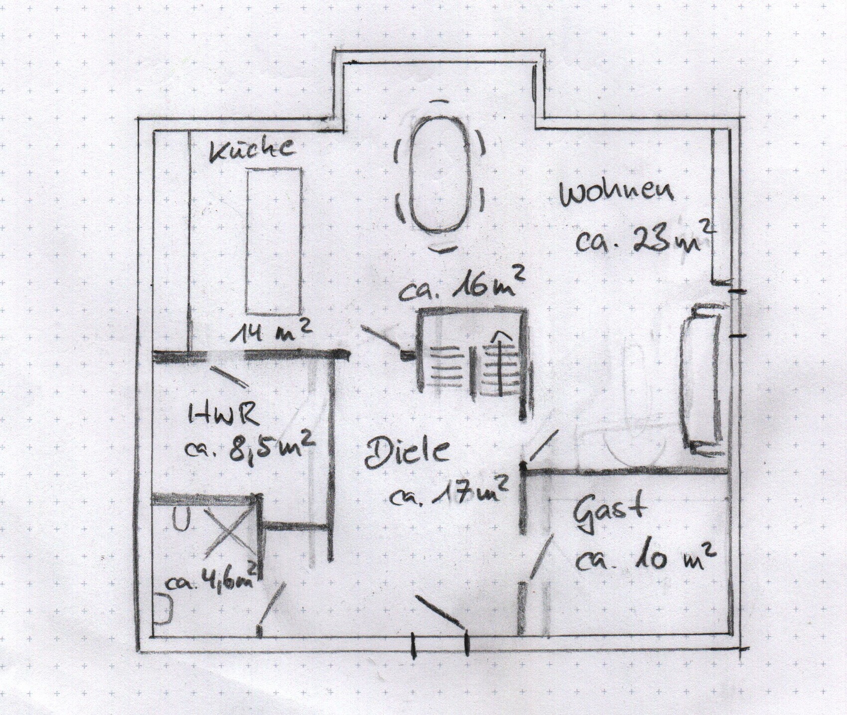 Hand-drawn floor plan of an apartment with kitchen, hallway, utility room, guest room, and living room.