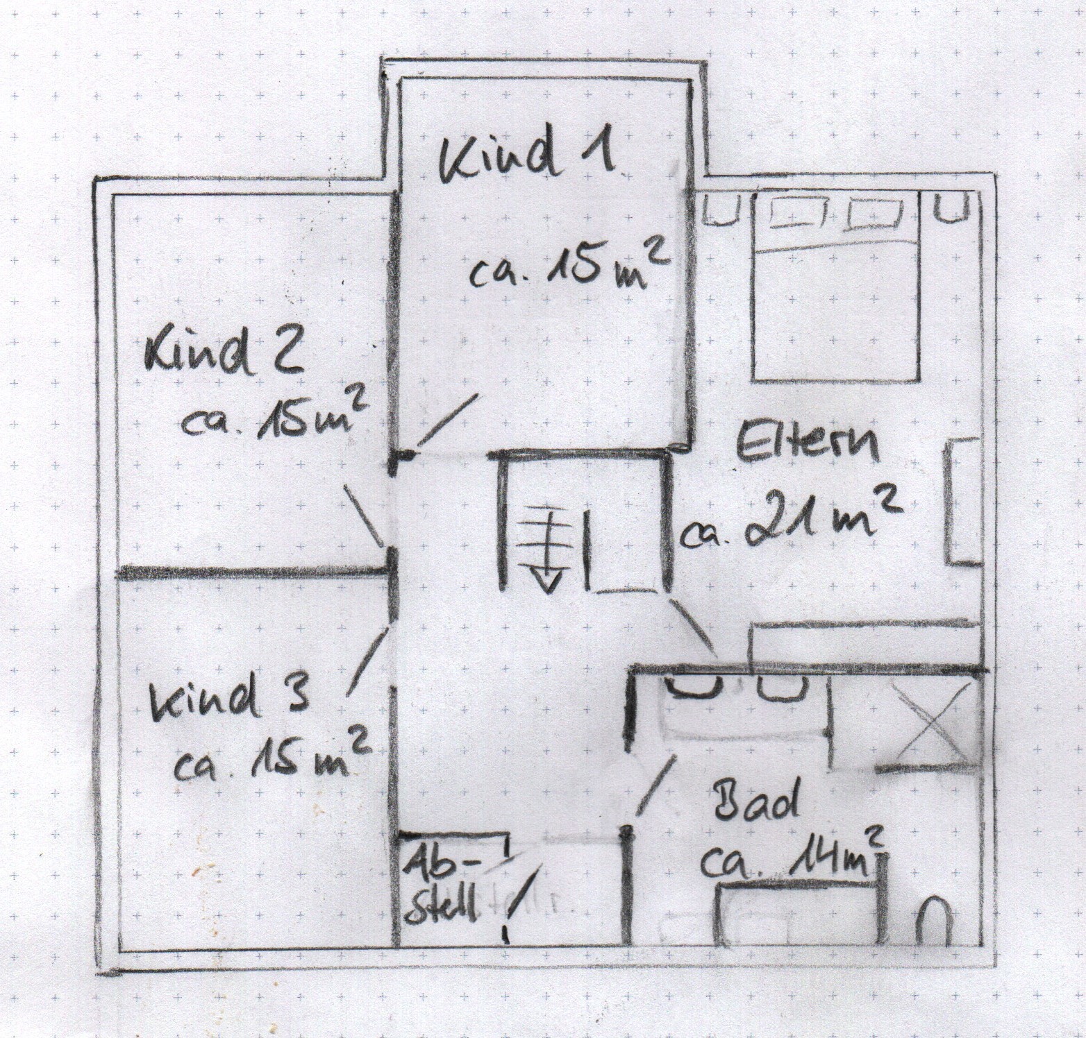 House floor plan: three children’s rooms each 15 sqm (161 sq ft), master bedroom 21 sqm (226 sq ft), bathroom 14 sqm (151 sq ft), corridor.