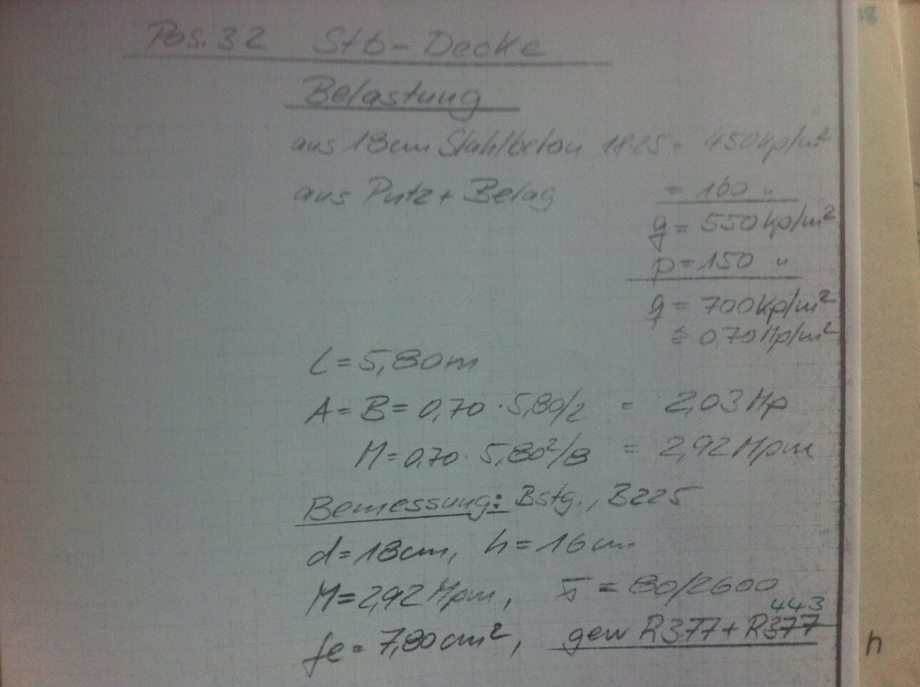 Handwritten notes on the load-bearing capacity of reinforced concrete ceilings with dimensions and calculations