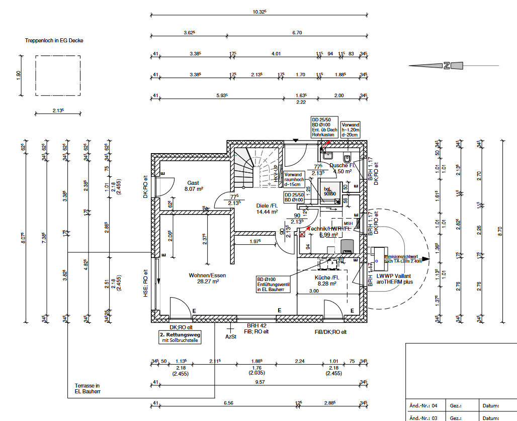 Ground floor plan of a house with living room, kitchen, bathroom, stairs and terrace