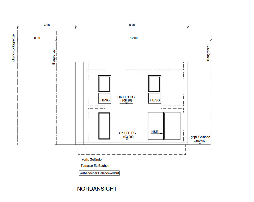 North view of a building: window fronts, door and surrounding terrain with boundaries.