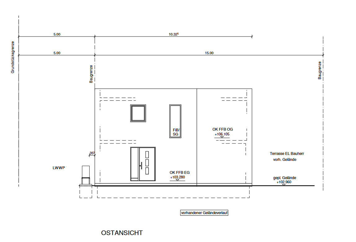 East view of a building: door, windows, roof edge, terrain markings and measurements.