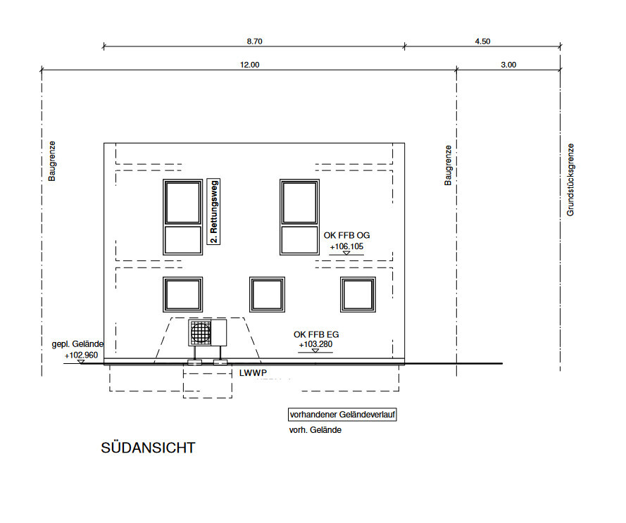 South view of a building plan: building with windows, terrain contours and building boundaries.